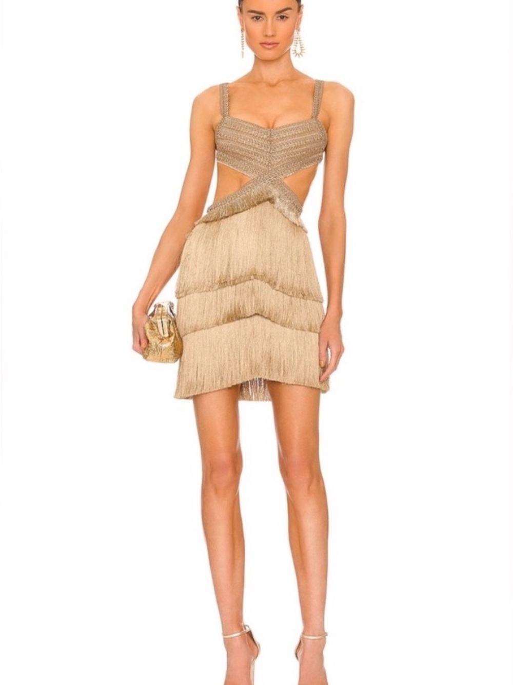 NWOT PatBO Gold Fringe Cutout Mini Dress